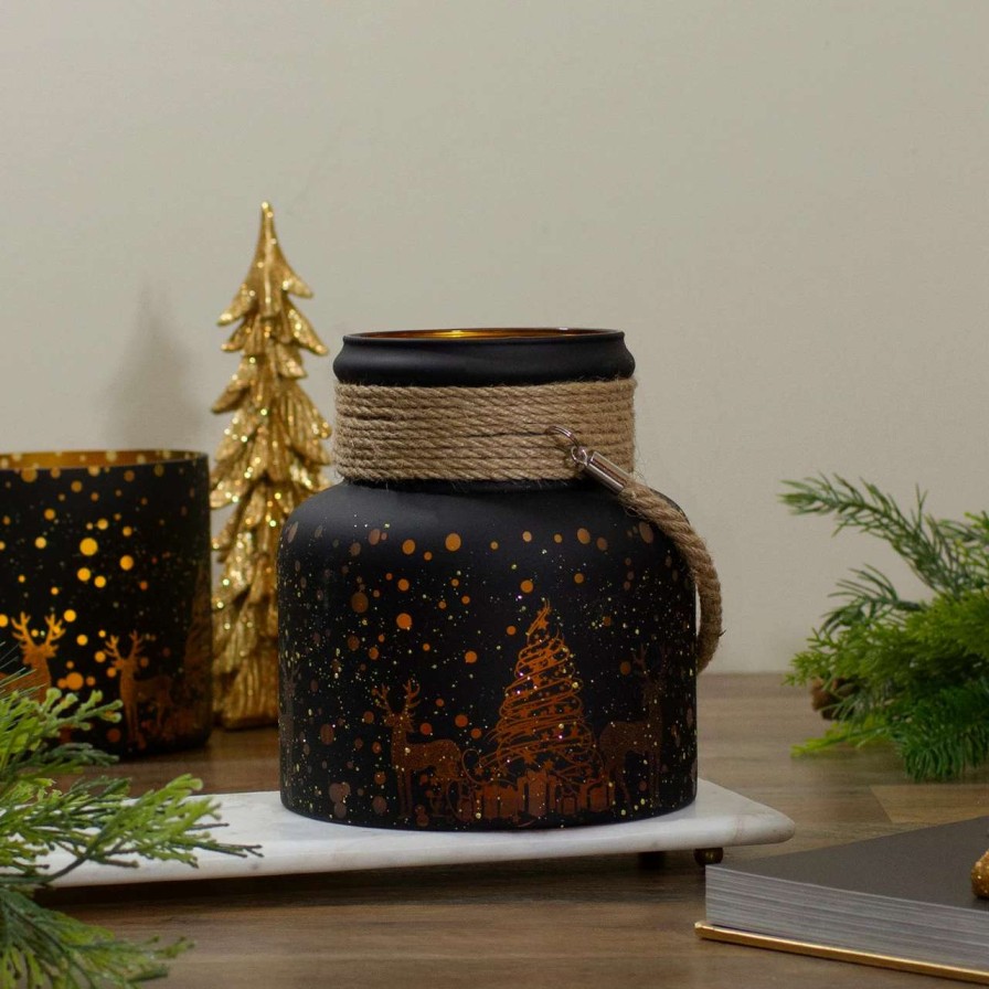 Candles & Lanterns * | Northlight 8 Gold Deer And Pine Trees Flameless Christmas Glass Candle Lantern