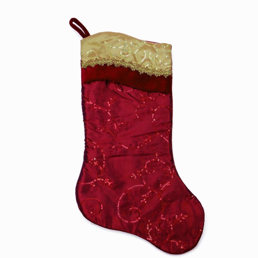 Stockings & Holders * | Northlight 20 Red And Gold Leaf Christmas Stocking With Wavy Sequined Cuff