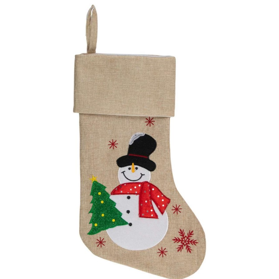 Stockings & Holders * | Northlight 19 Burlap Standing Snowman With A Tree And Snowflakes Christmas Stocking