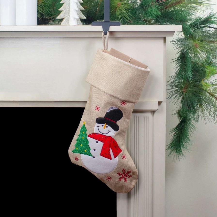 Stockings & Holders * | Northlight 19 Burlap Standing Snowman With A Tree And Snowflakes Christmas Stocking