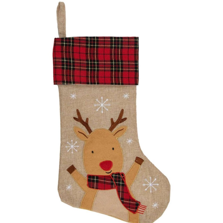 Stockings & Holders * | Northlight 19 Burlap Plaid Whimsical Reindeer Waiving Christmas Stocking