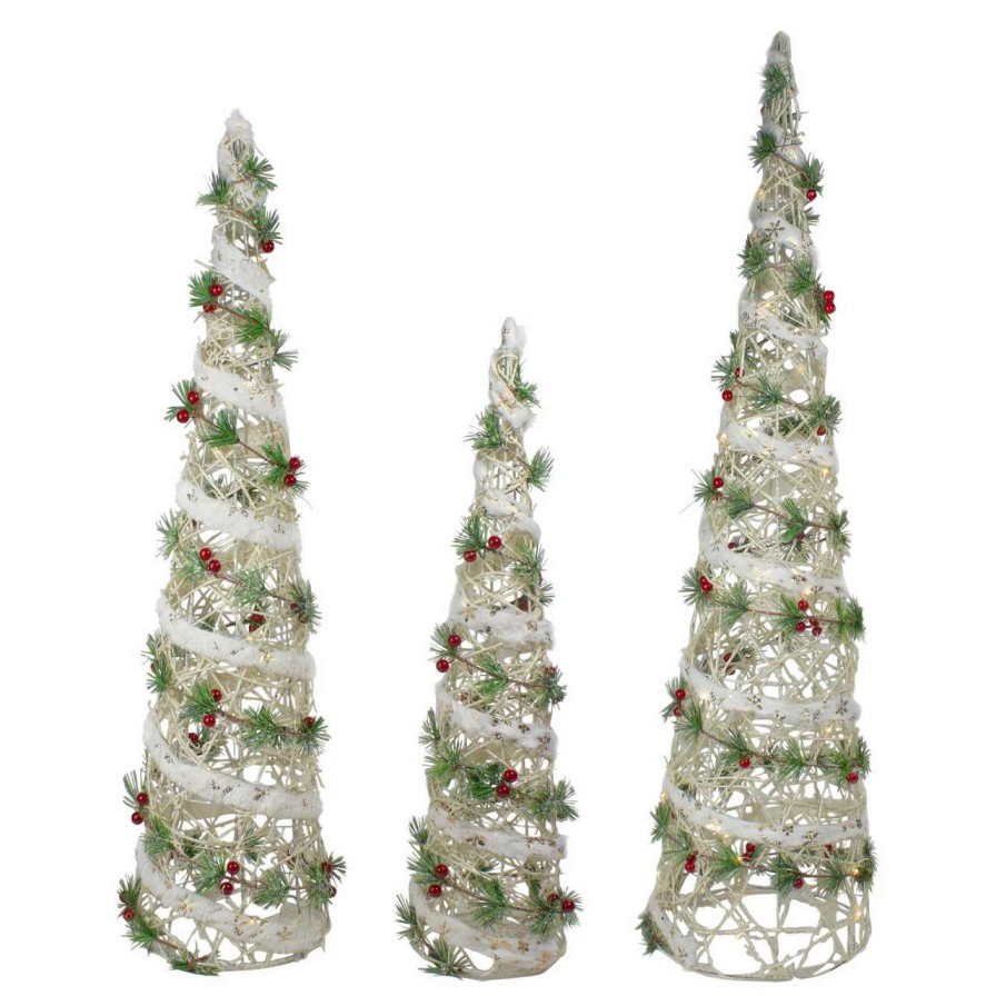 Christmas Table Top Trees * | Northlight Set Of 3 Lighted White Berry And Pine Needle Cone Tree Christmas Decorations