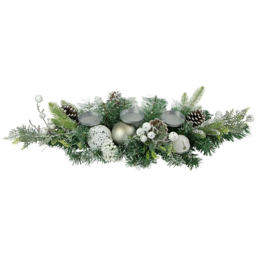 Candles & Lanterns * | Northlight 32 Green Frosted Pine Triple Candle Holder With Christmas Ornaments And Pinecones