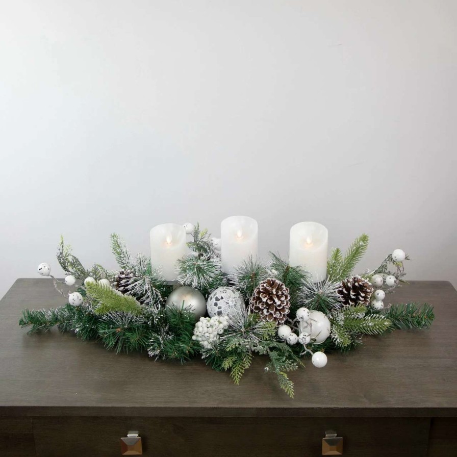 Candles & Lanterns * | Northlight 32 Green Frosted Pine Triple Candle Holder With Christmas Ornaments And Pinecones