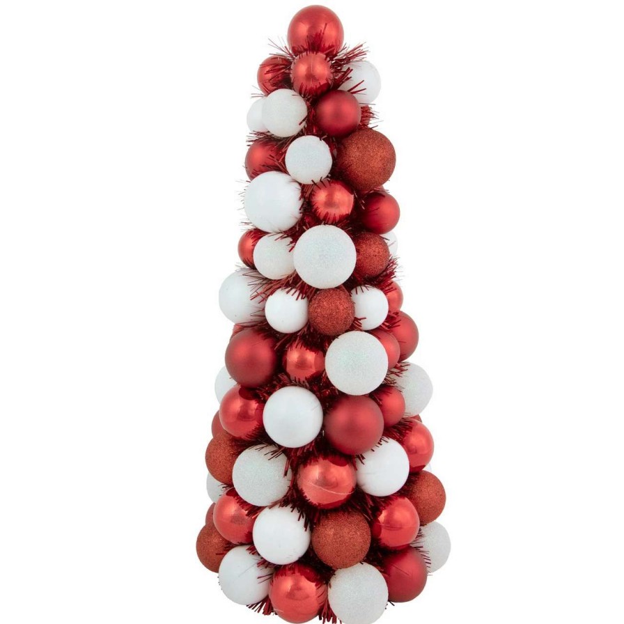 Christmas Table Top Trees * | Northlight 15.75 Red And White 3-Finish Shatterproof Ball Christmas Tree With Tinsel