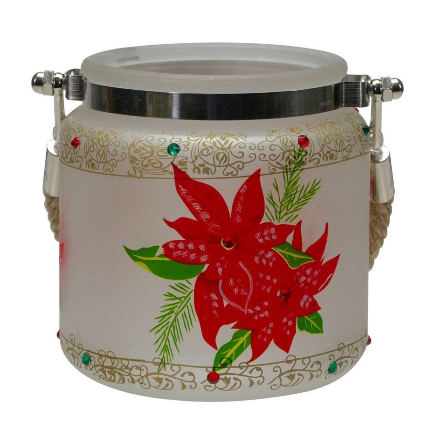 Candles & Lanterns * | Northlight 4 Hand-Painted Red Poinsettias And Gold Flameless Glass Christmas Candle Holder