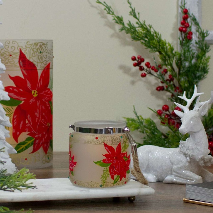 Candles & Lanterns * | Northlight 4 Hand-Painted Red Poinsettias And Gold Flameless Glass Christmas Candle Holder