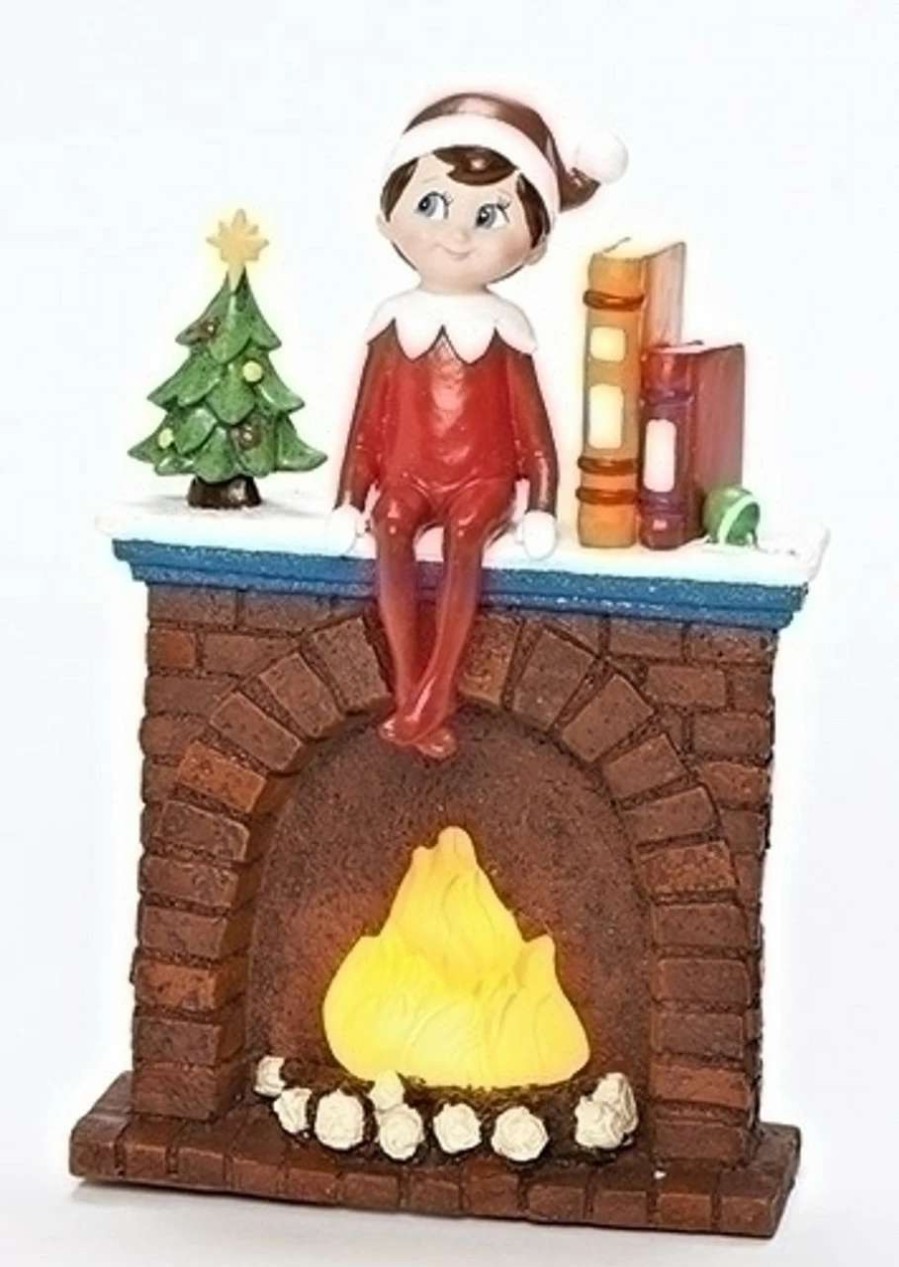 Figures * | Roman 6.75 Brown And Red Elf On Fireplace Christmas Tabletop Decoration Led Lights