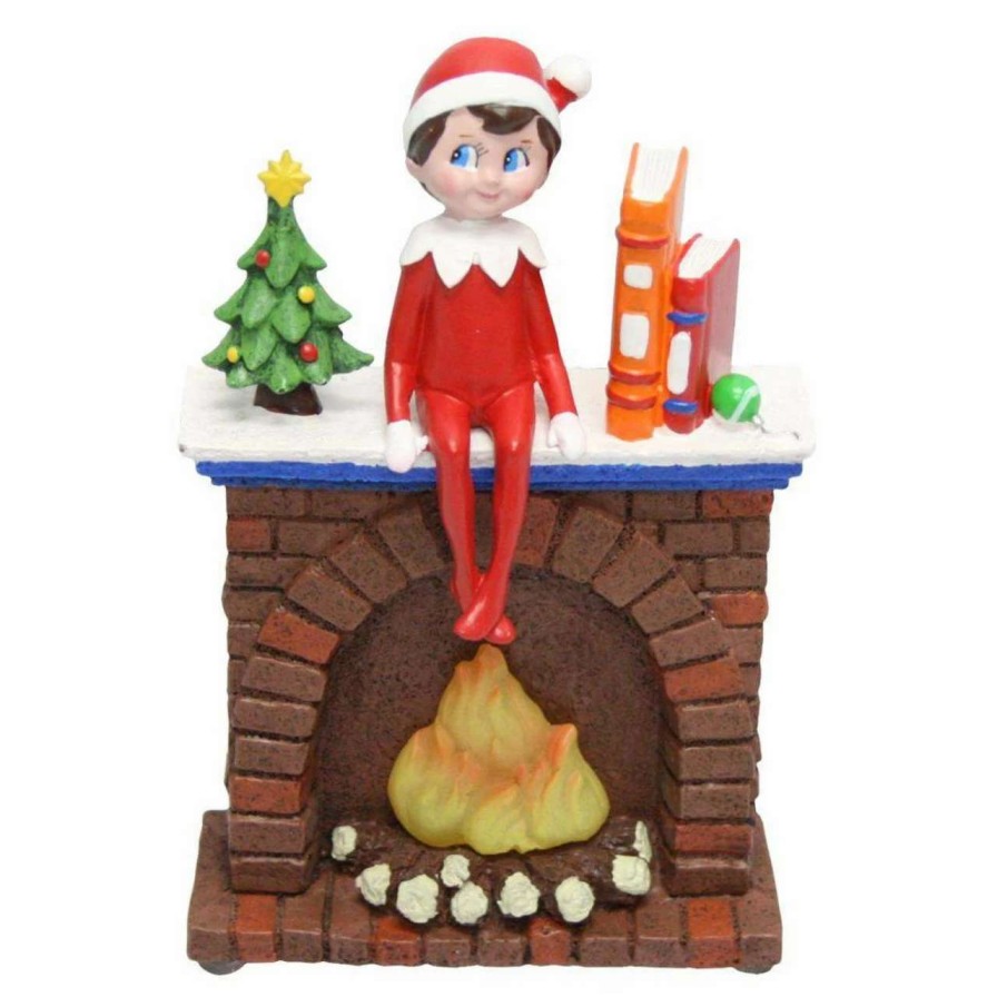 Figures * | Roman 6.75 Brown And Red Elf On Fireplace Christmas Tabletop Decoration Led Lights