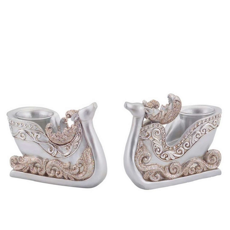 Candles & Lanterns * | Diva At Home Set Of 2 Silver Reindeer Sleigh Christmas Tea Light Candle Holders 4.5