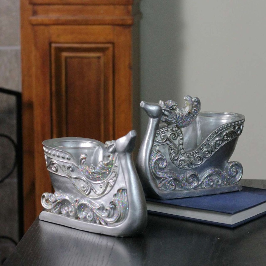 Candles & Lanterns * | Diva At Home Set Of 2 Silver Reindeer Sleigh Christmas Tea Light Candle Holders 4.5