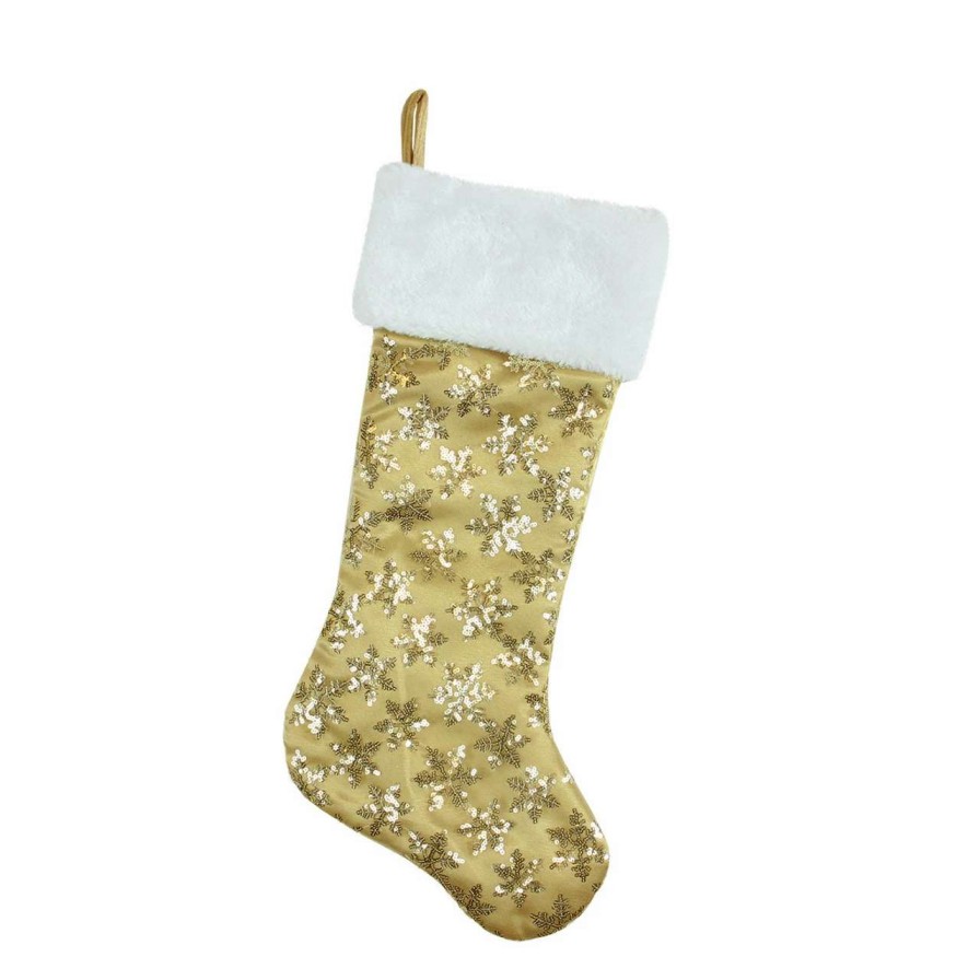 Stockings & Holders * | Northlight 20.5 Gold And White Sequin Snowflake Christmas Stocking