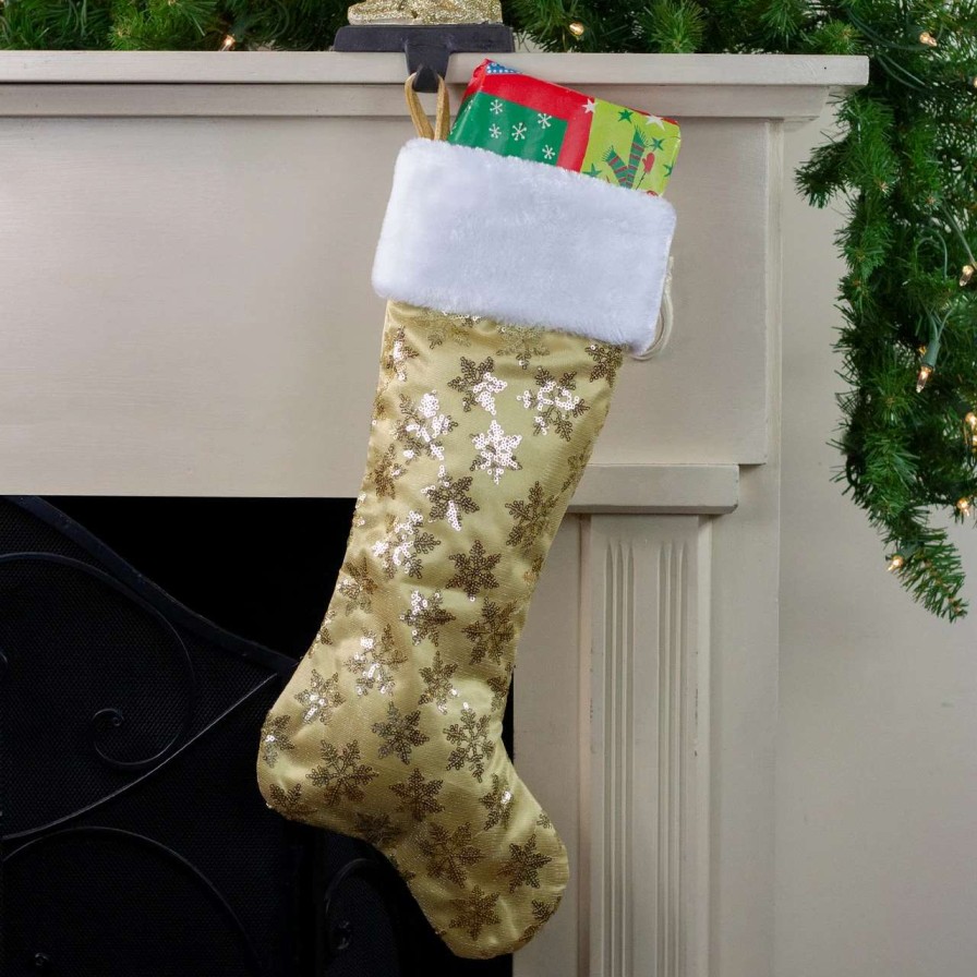 Stockings & Holders * | Northlight 20.5 Gold And White Sequin Snowflake Christmas Stocking