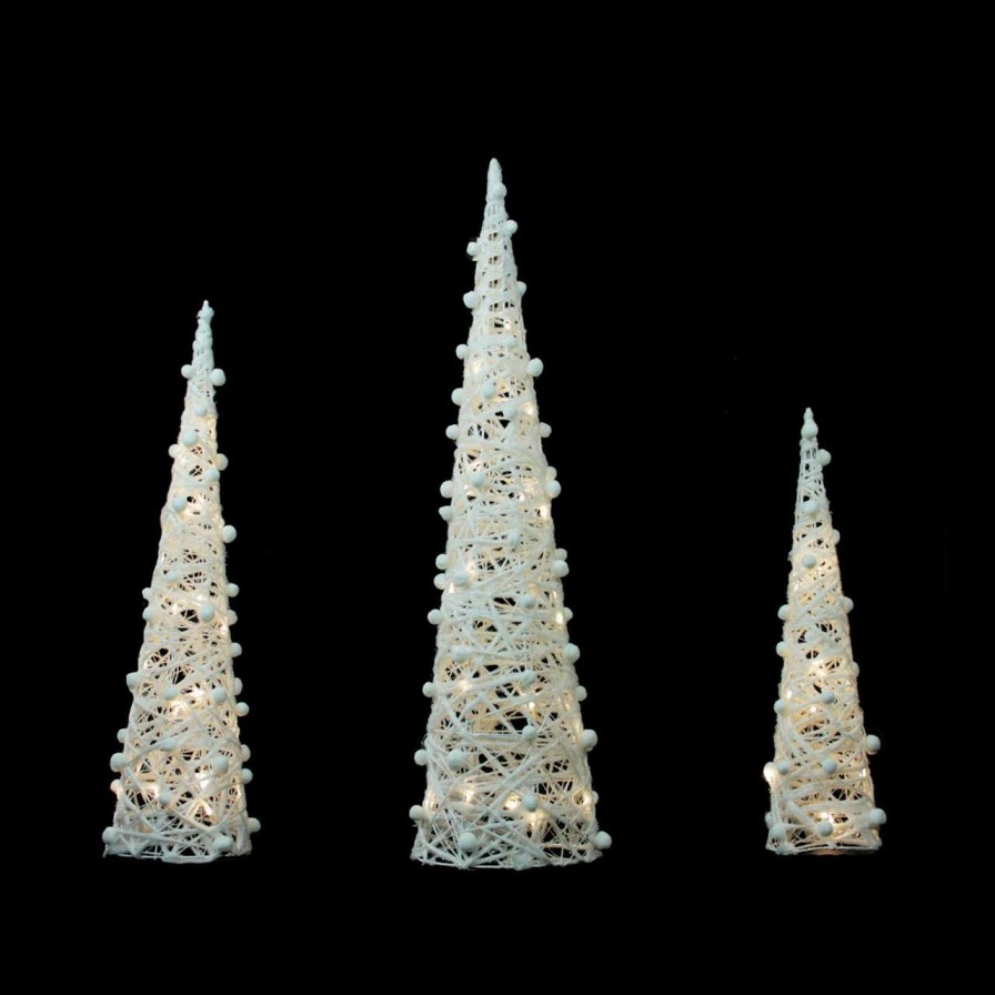 Christmas Table Top Trees * | Northlight Set Of 3 Led Lighted White Glittered Cone Tree Christmas Decoration 39.25