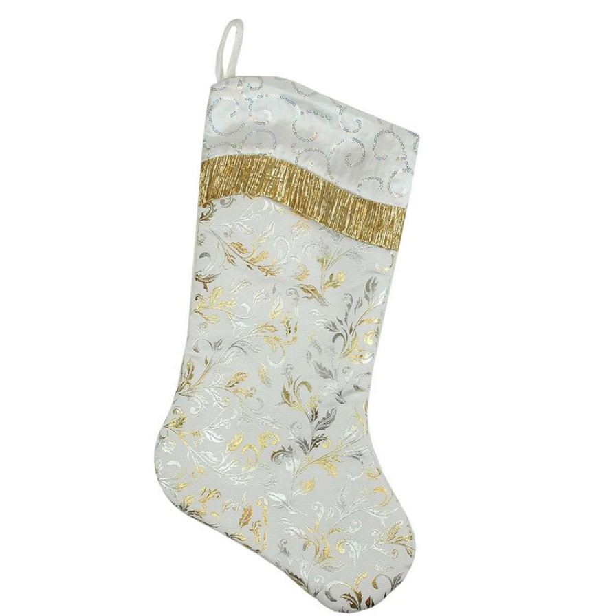 Stockings & Holders * | Northlight 20.5 White Satin With Silvery-Gold Flourish Christmas Stocking Sequin Cuff