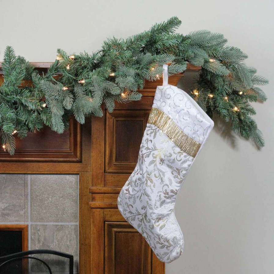 Stockings & Holders * | Northlight 20.5 White Satin With Silvery-Gold Flourish Christmas Stocking Sequin Cuff