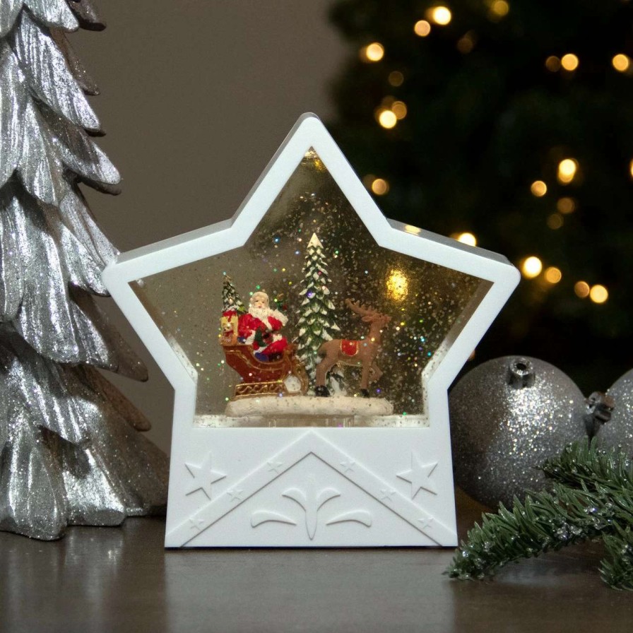 Christmas Village Sets & Accessories * | Northlight 7 Lighted White Star Christmas Snow Globe With Santa In Sleigh