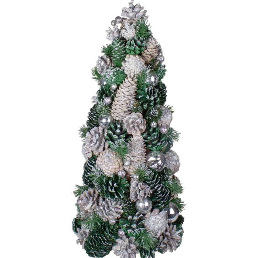 Christmas Table Top Trees * | Northlight 18 Green And Silver Pinecone With Ornaments Table Top Cone Christmas Tree Embellished In Glitter