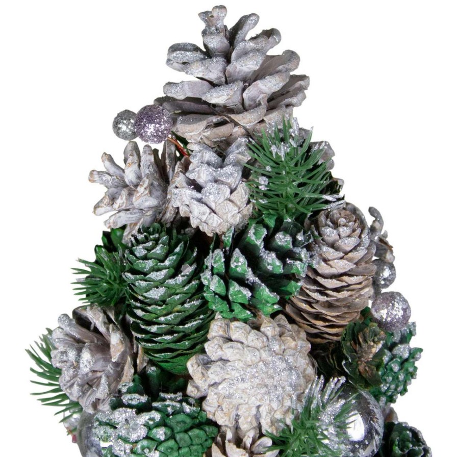 Christmas Table Top Trees * | Northlight 18 Green And Silver Pinecone With Ornaments Table Top Cone Christmas Tree Embellished In Glitter