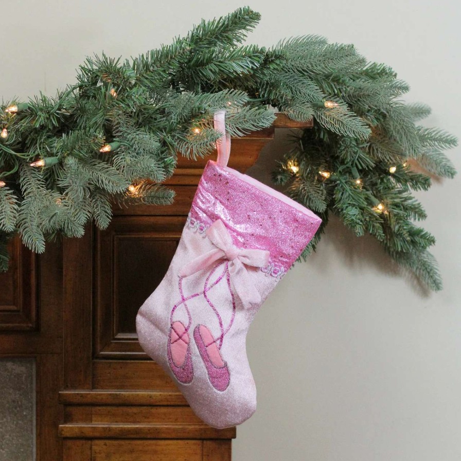 Stockings & Holders * | Northlight 14 Pink And Silver Ballerina Shoes Christmas Stocking With Glitter Cuff And Bow