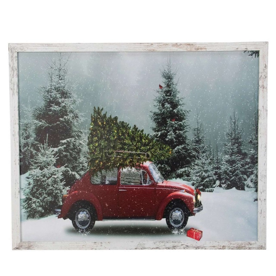 Christmas Village Sets & Accessories * | Northlight 19 White Distressed Frame Red Vintage Vw Car Led Lighted Christmas Canvas