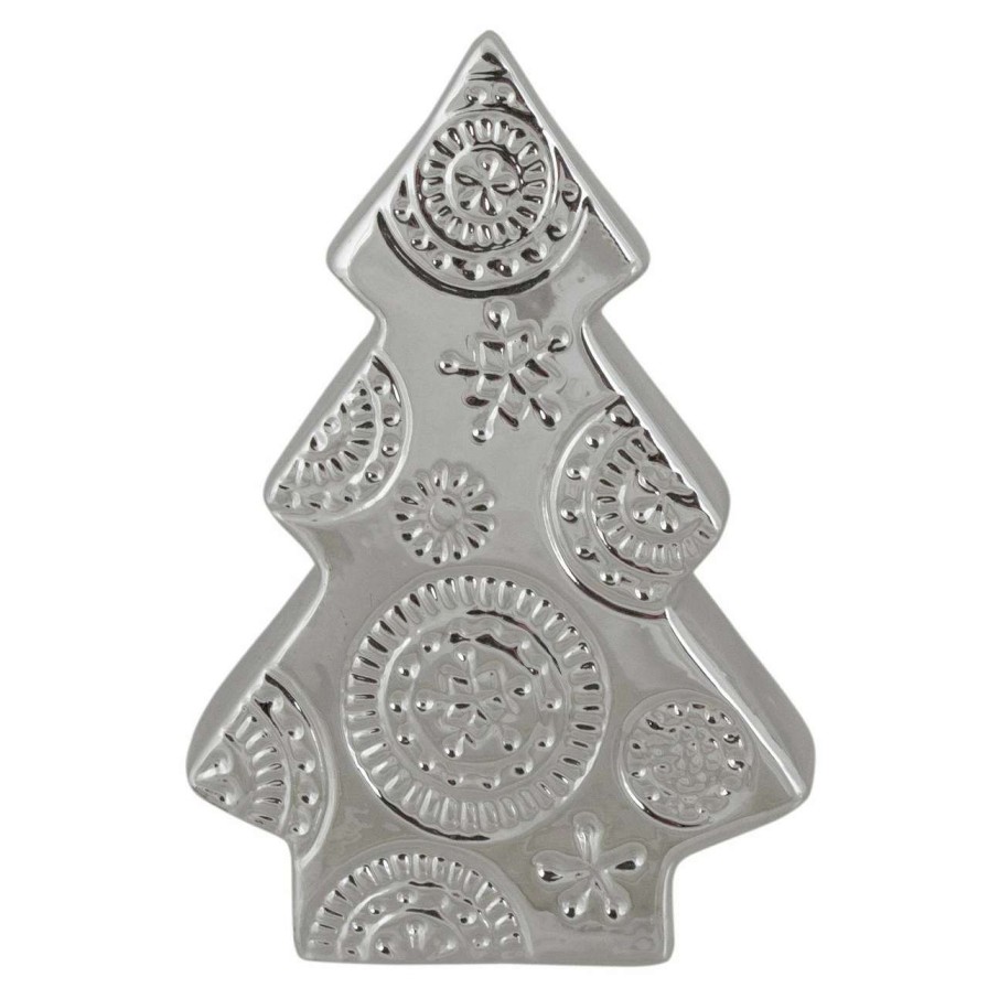 Christmas Table Top Trees * | Northlight 6.5 Metallic Silver Ceramic Christmas Tree With Snowflakes Decoration