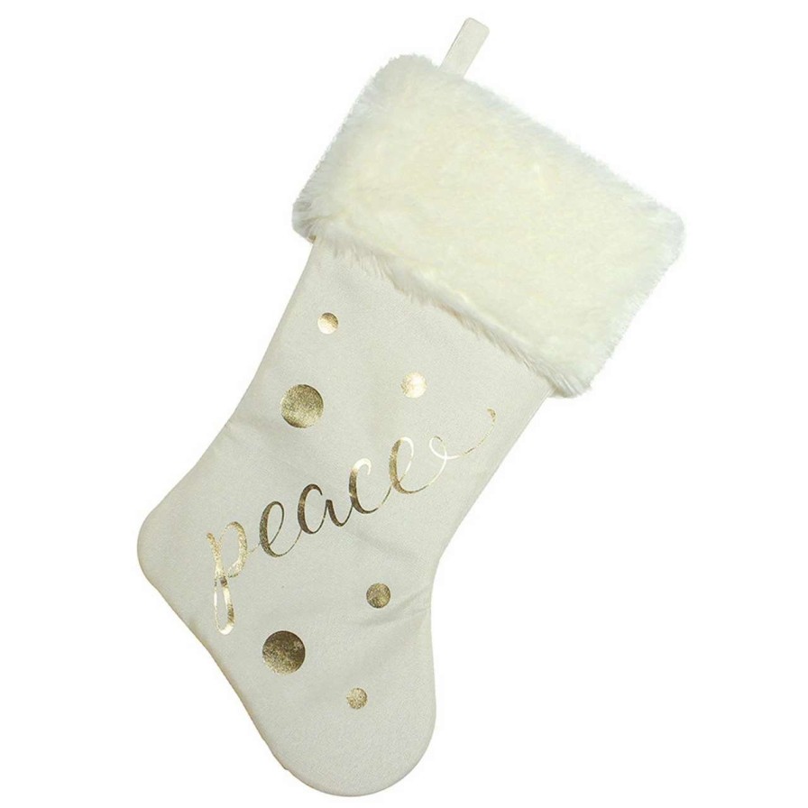 Stockings & Holders * | Northlight 19 Ivory White Gold Foil "Peace" Christmas Stocking With White Faux Fur Cuff