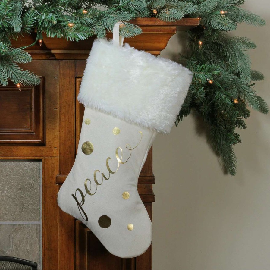 Stockings & Holders * | Northlight 19 Ivory White Gold Foil "Peace" Christmas Stocking With White Faux Fur Cuff