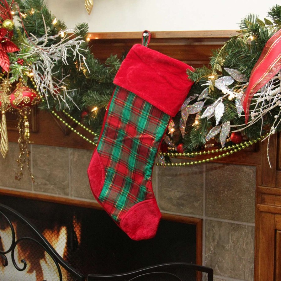 Stockings & Holders * | Northlight 19 Christmas Traditions Red, Green And Gold Woven Plaid And Velvet Stocking