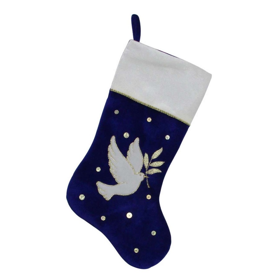 Stockings & Holders * | Northlight 20.5 Royal Blue And White Velvet Dove With Olive Branch Christmas Stocking