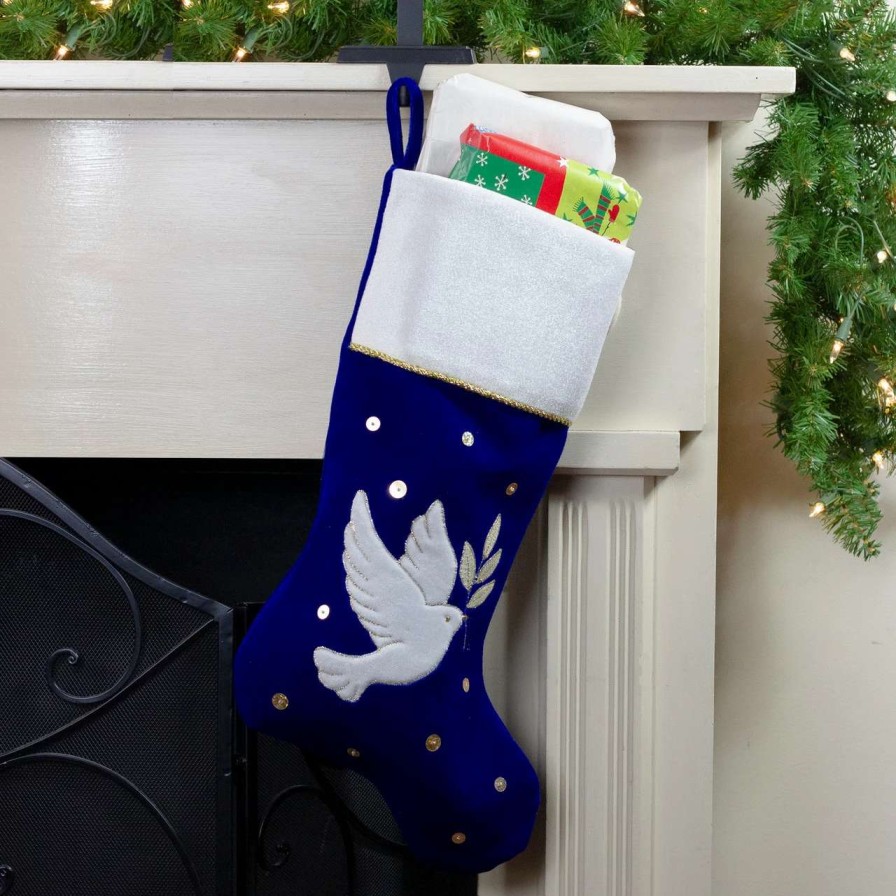 Stockings & Holders * | Northlight 20.5 Royal Blue And White Velvet Dove With Olive Branch Christmas Stocking