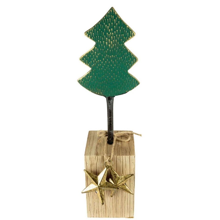 Christmas Table Top Trees * | Northlight 16.75 Green Metal Tree In Chunky Wood Base Christmas Decor