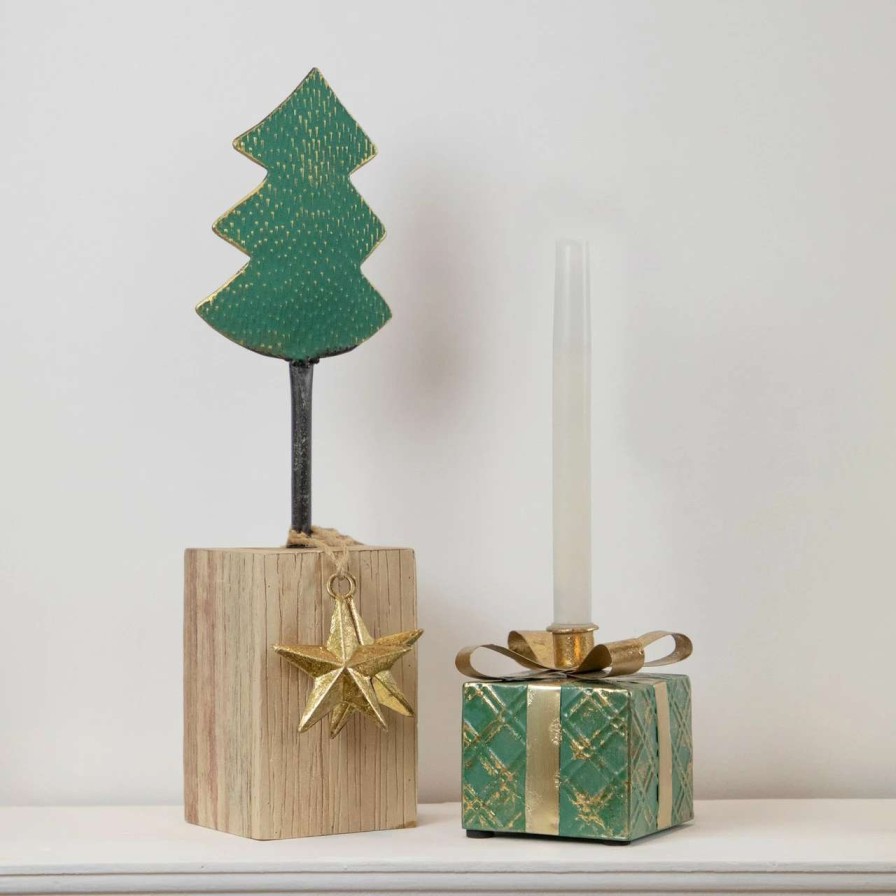 Christmas Table Top Trees * | Northlight 16.75 Green Metal Tree In Chunky Wood Base Christmas Decor