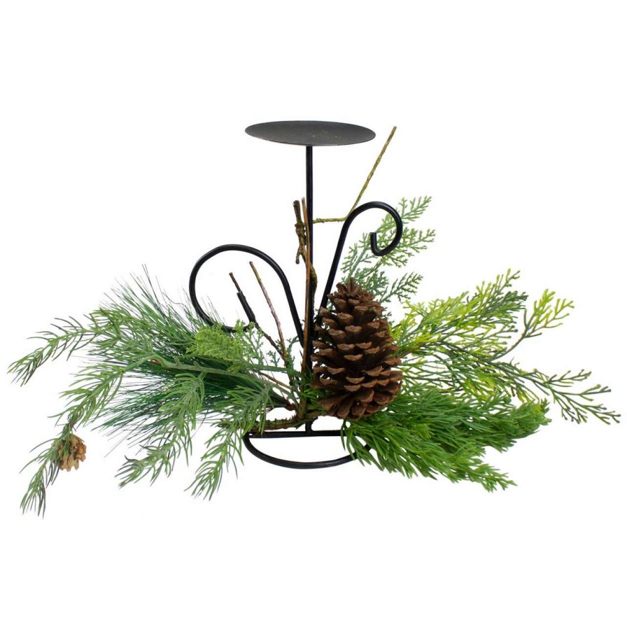 Candles & Lanterns * | Northlight 10 Green Artificial Sprigs And Pine Cone Christmas Candle Holder