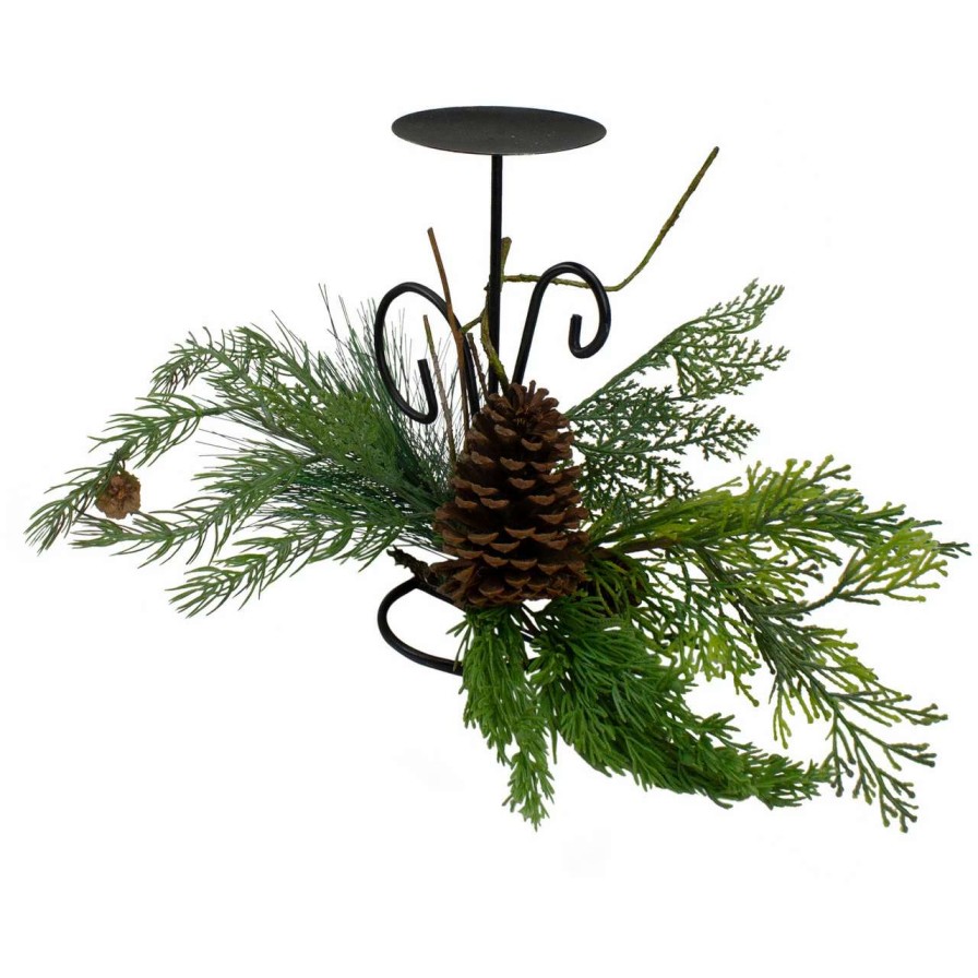 Candles & Lanterns * | Northlight 10 Green Artificial Sprigs And Pine Cone Christmas Candle Holder