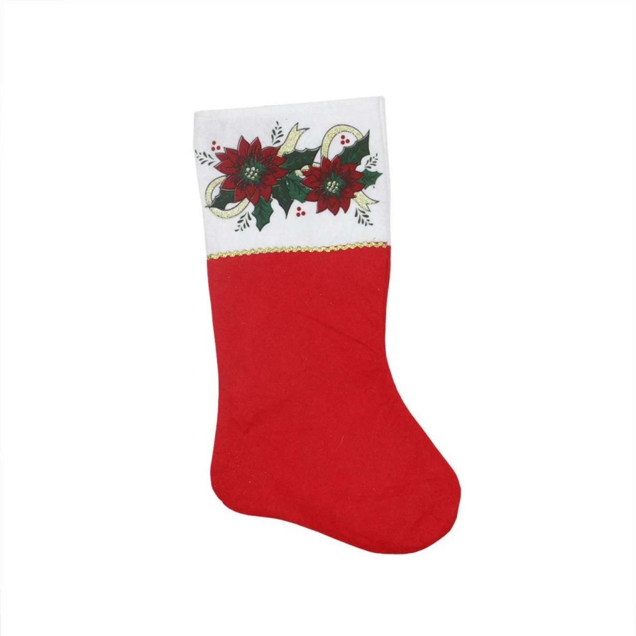 Stockings & Holders * | Northlight 19 Christmas Traditions Red, White And Gold Glittered Illustrated Poinsettia Bordered Stocking