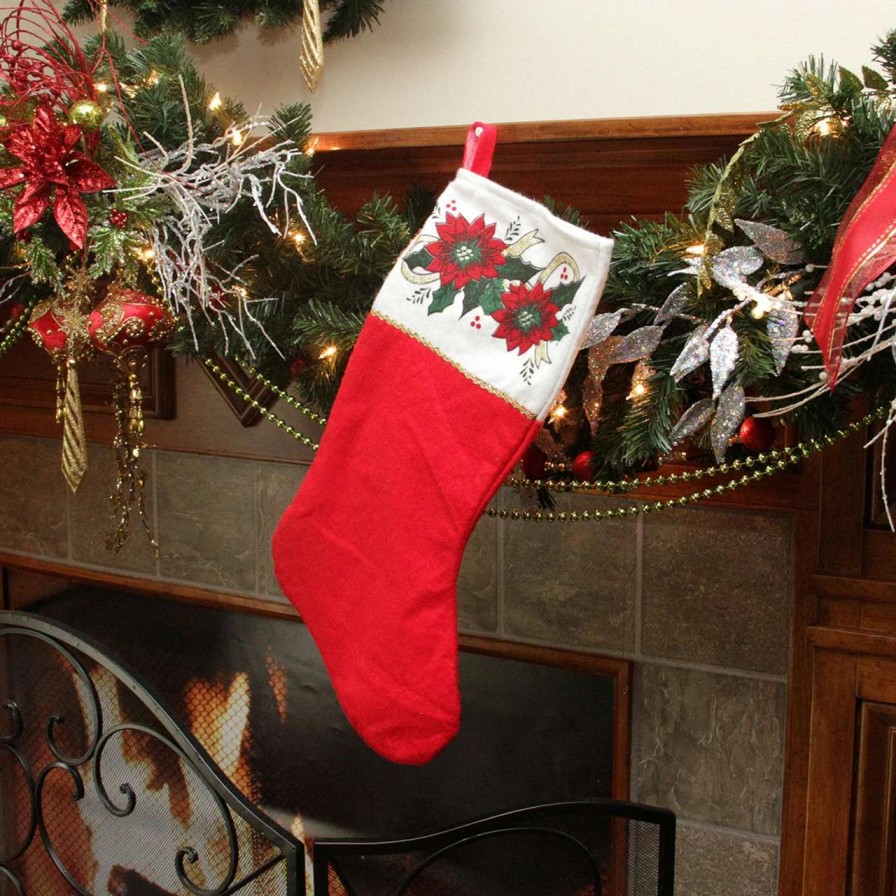 Stockings & Holders * | Northlight 19 Christmas Traditions Red, White And Gold Glittered Illustrated Poinsettia Bordered Stocking