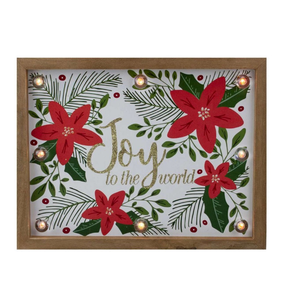 Christmas Village Sets & Accessories * | Northlight 11.8 Lighted Brown Wooden Frame Poinsettia "Joy To The World" In Glitter Christmas Plaque