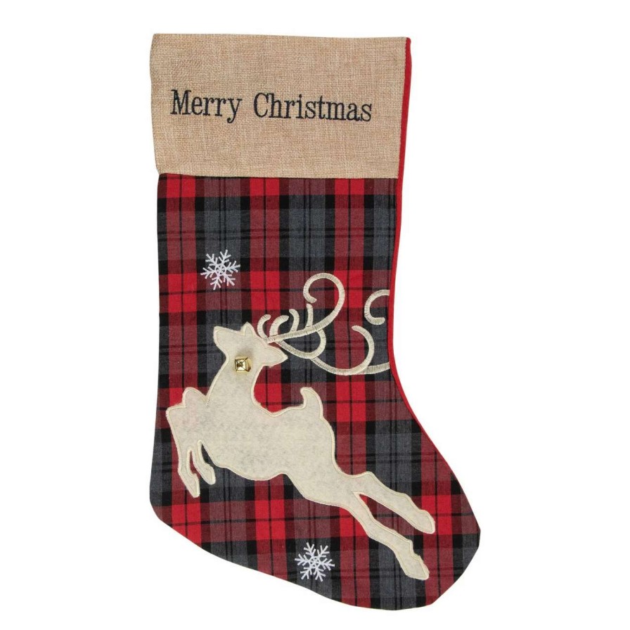 Stockings & Holders * | Northlight 19 Red And Green Plaid 'Merry Christmas' Reindeer Stocking