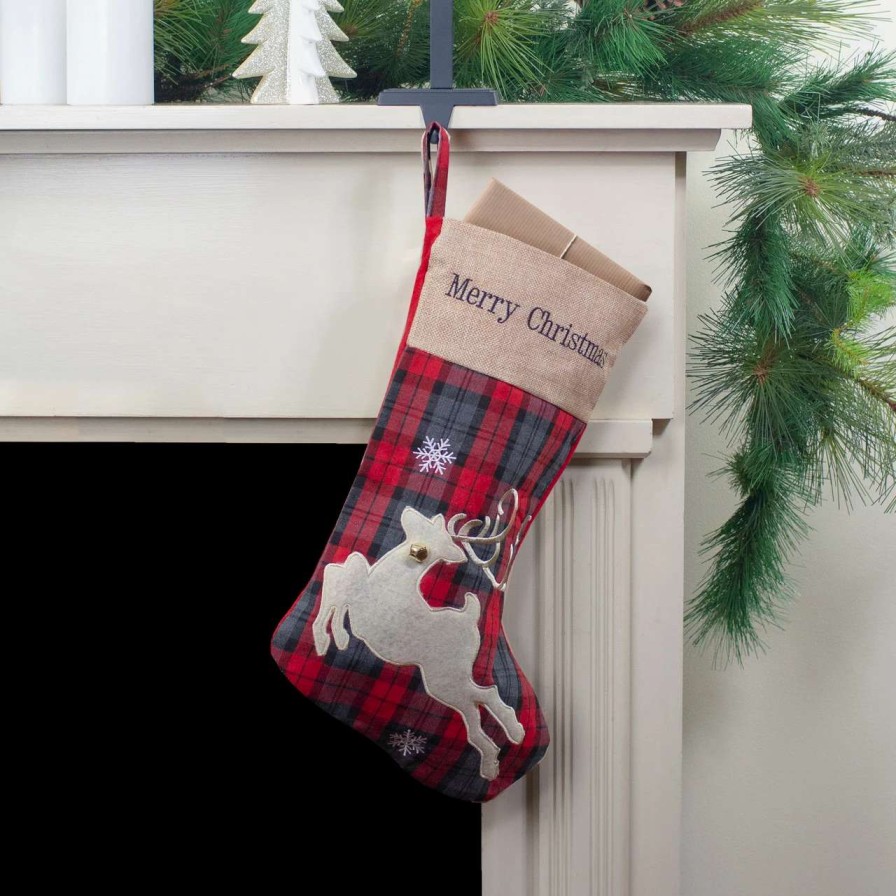 Stockings & Holders * | Northlight 19 Red And Green Plaid 'Merry Christmas' Reindeer Stocking