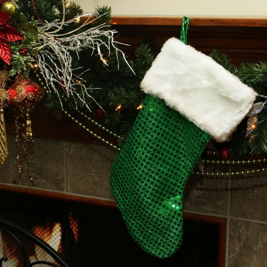 Stockings & Holders * | Northlight 18 Green And White Faux-Fur Cuffed Disco Sequined Christmas Stocking