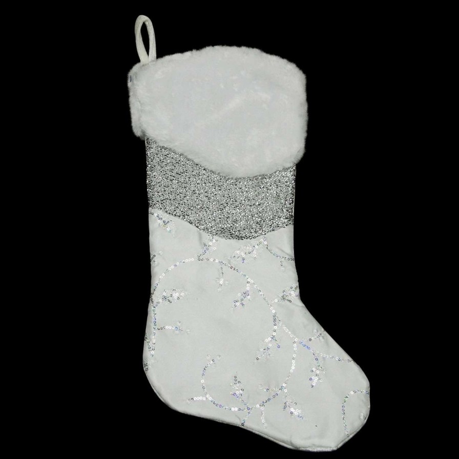 Stockings & Holders * | Northlight 19 White And Silver Iridescent Sequined Leaf Christmas Stocking With Faux Fur Cuff