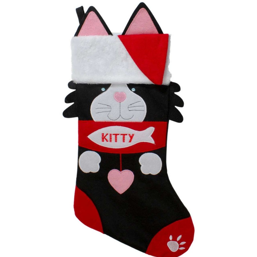 Stockings & Holders * | Northlight 19.5 Black And Red Embroidered Kitty Cat Christmas Stocking