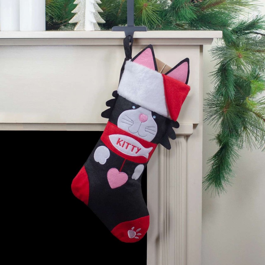 Stockings & Holders * | Northlight 19.5 Black And Red Embroidered Kitty Cat Christmas Stocking