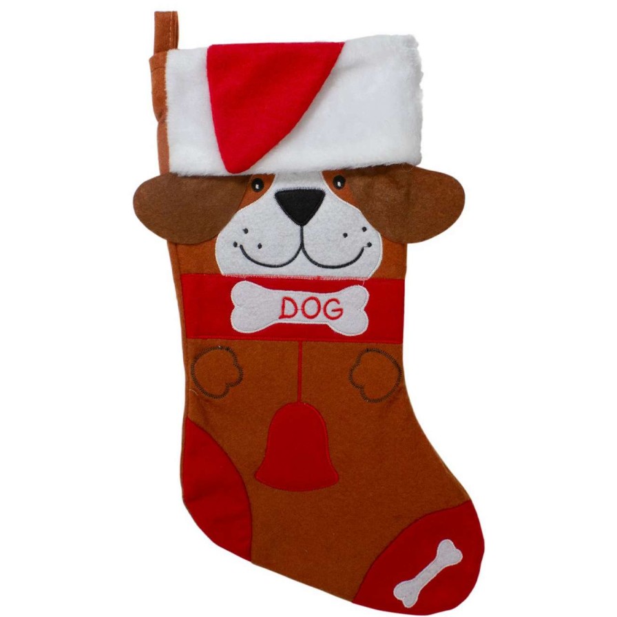 Stockings & Holders * | Northlight 17 Red And Brown "Dog" Embroidered Christmas Stocking With Cuff