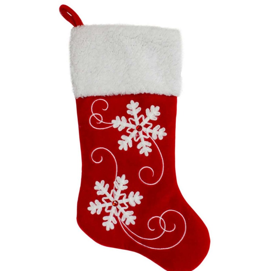 Stockings & Holders * | Northlight 20.5-Inch Red And White Velvet With White Snowflake Christmas Stocking