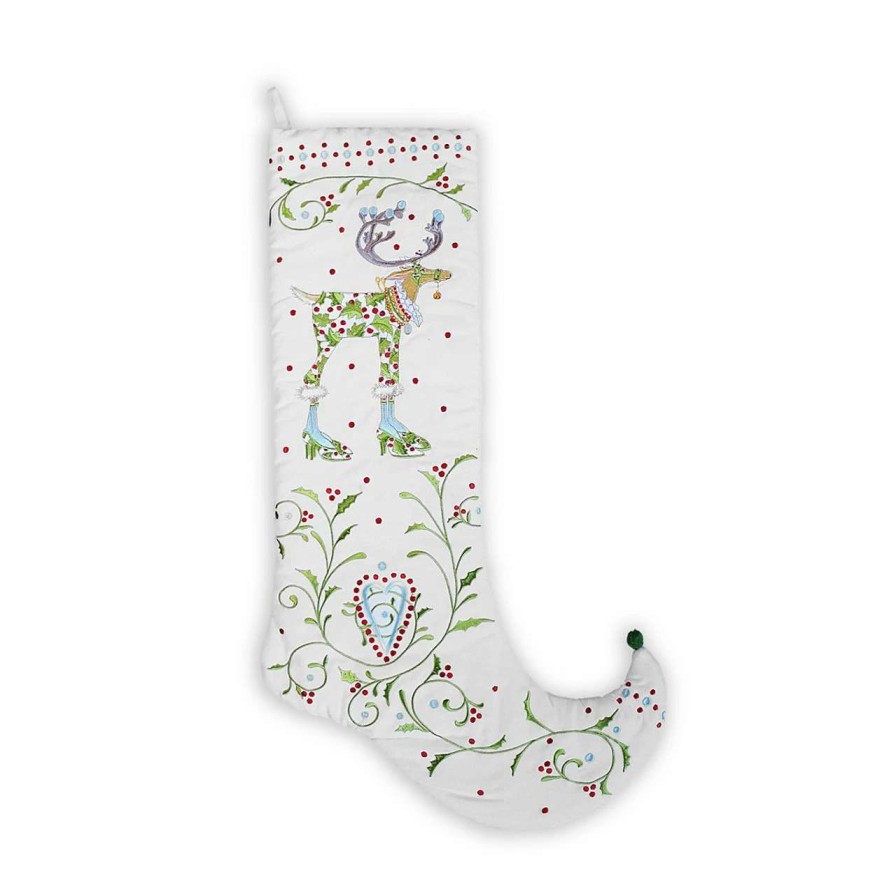 Stockings & Holders * | Patience Brewster 28 White And Green Reindeer Embroidered Christmas Stocking