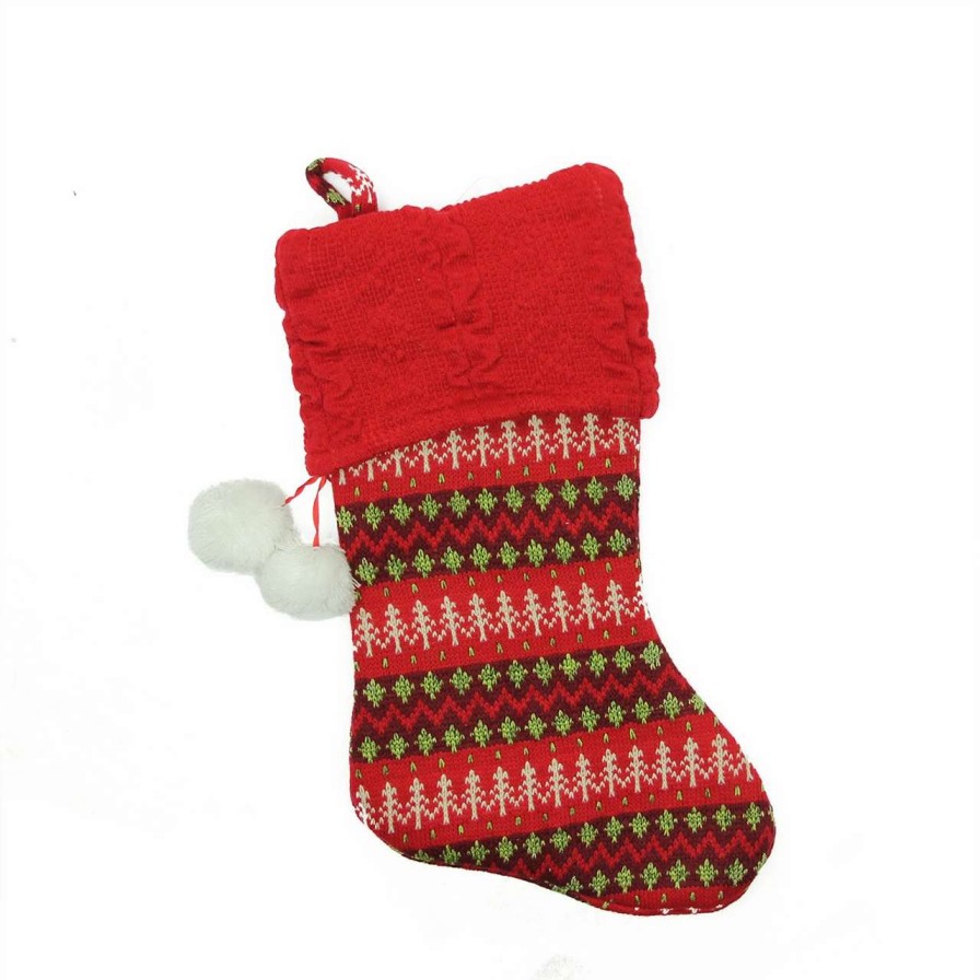 Stockings & Holders * | Northlight 19 Red And Green Sweater Knit Christmas Stocking With Pom Poms