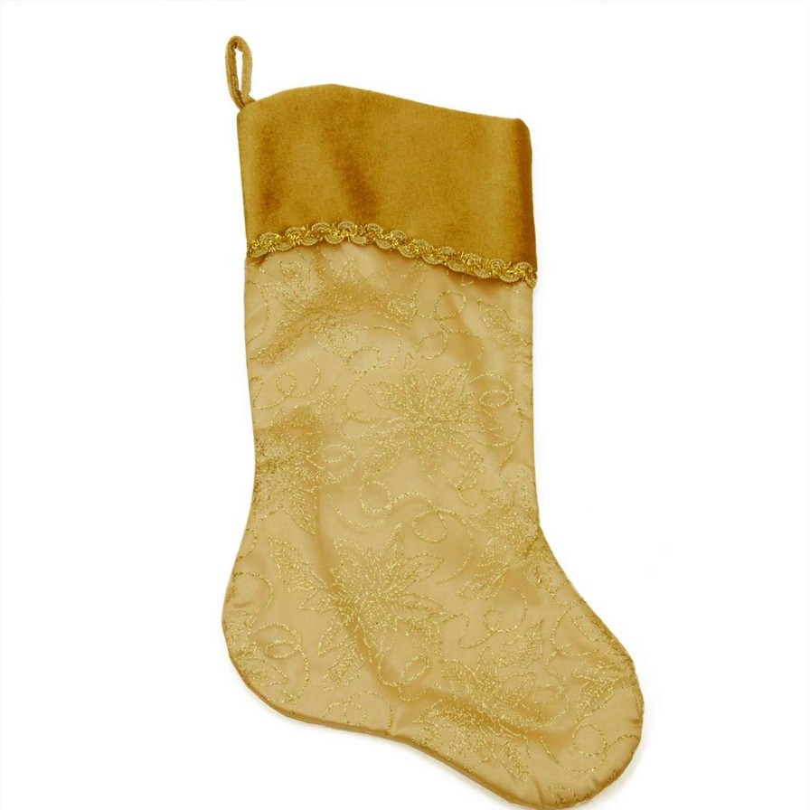 Stockings & Holders * | Northlight 20 Gold Glittered Poinsettia Christmas Stocking