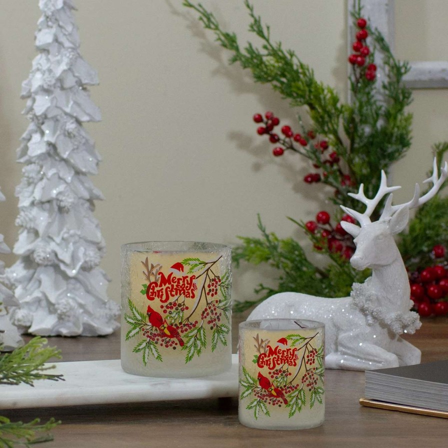 Candles & Lanterns * | Northlight 8 Hand Painted Christmas Cardinal And Pine Flameless Glass Christmas Candle Holder